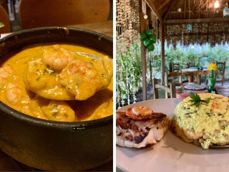 A moqueca de camarão do Jobar e o baião de dois de camarão do Delícias do Tapera, ambos em Carneiros