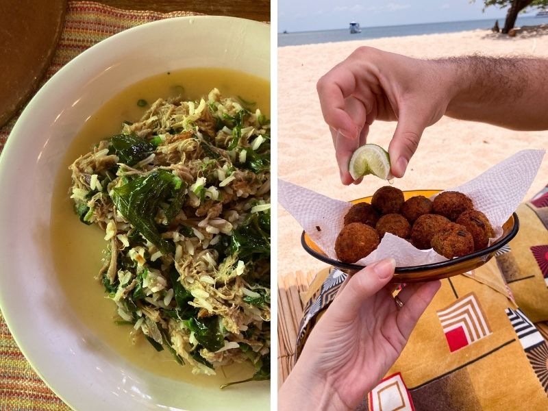 Comidas típicas da região arroz de pato no tucupi e bolinho de piracuí, uma farinha de peixe seco