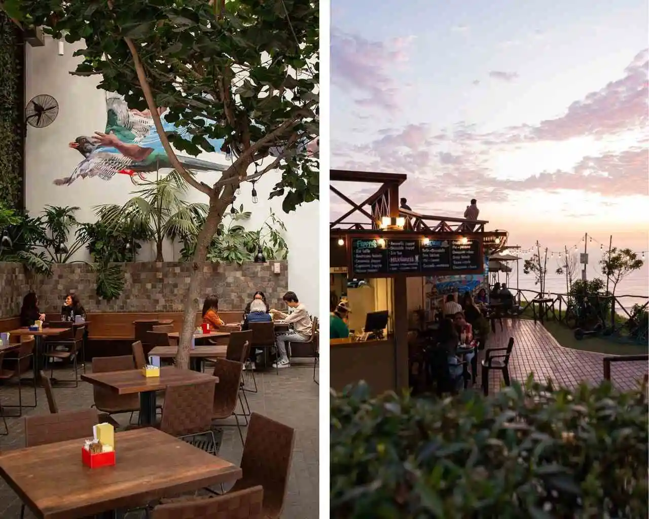 onde comer em Lima: imagens de duas cafeterias na capital do Peru, uma dela com vista para o Oceano Pacífico e com brisa do mar 